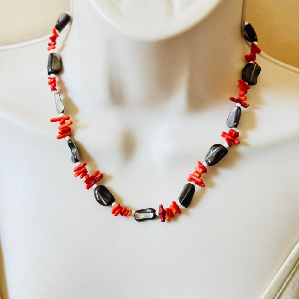 VTG Red Branch Coral Abalone Necklace Genuine 23g Hawaiian Souvenir Beaded 17"